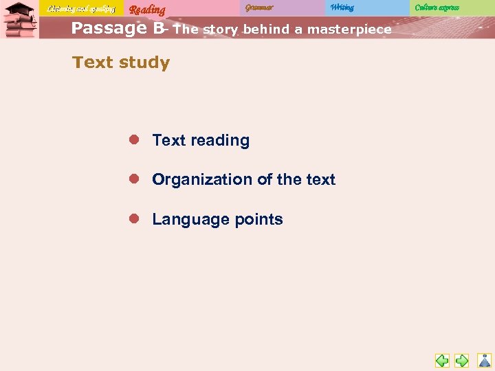 Listening and speaking Reading Grammar Writing Passage B The story behind a masterpiece –