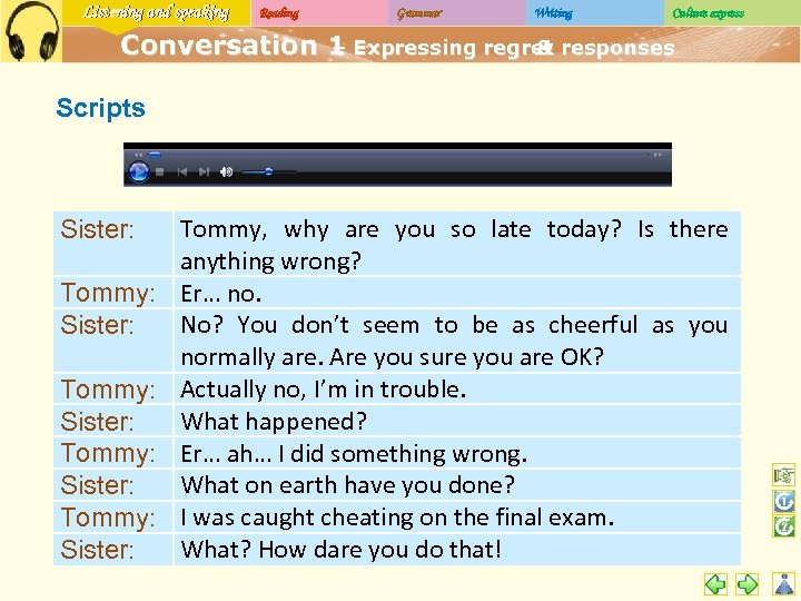 Listening and speaking Reading Grammar Writing Culture express Conversation 1 Expressing regret responses –