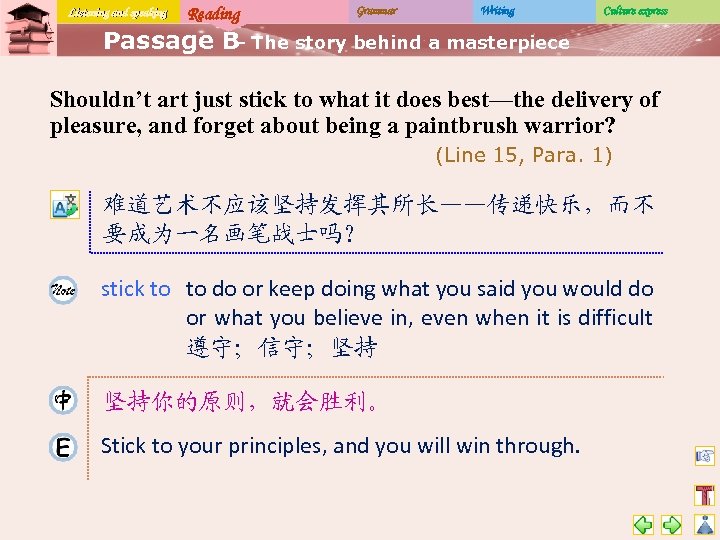 Listening and speaking Reading Grammar Writing Culture express Passage B The story behind a