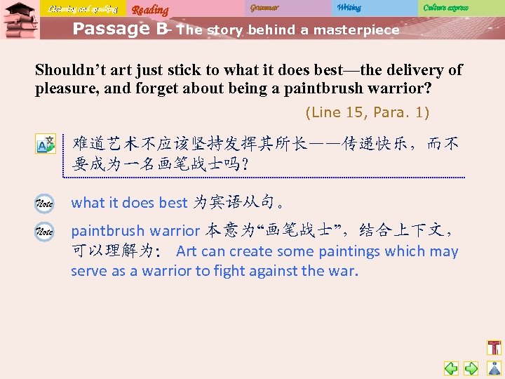 Listening and speaking Reading Grammar Writing Culture express Passage B The story behind a