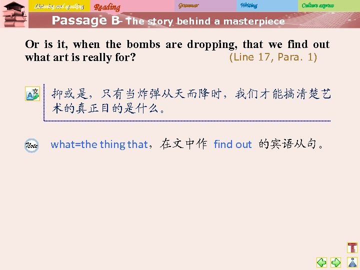 Listening and speaking Reading Grammar Writing Culture express Passage B The story behind a