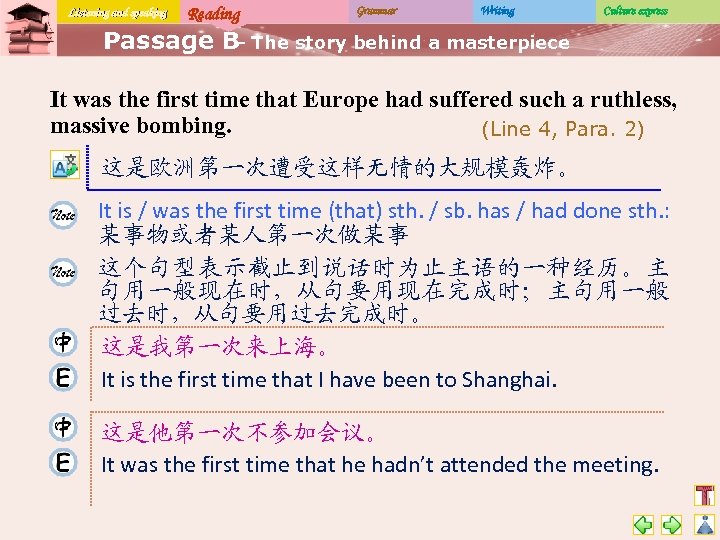 Listening and speaking Reading Grammar Writing Culture express Passage B The story behind a