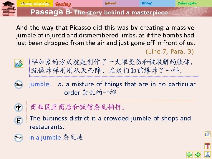 Listening and speaking Reading Grammar Writing Culture express Passage B The story behind a