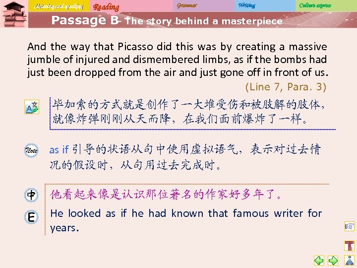 Listening and speaking Reading Grammar Writing Culture express Passage B The story behind a