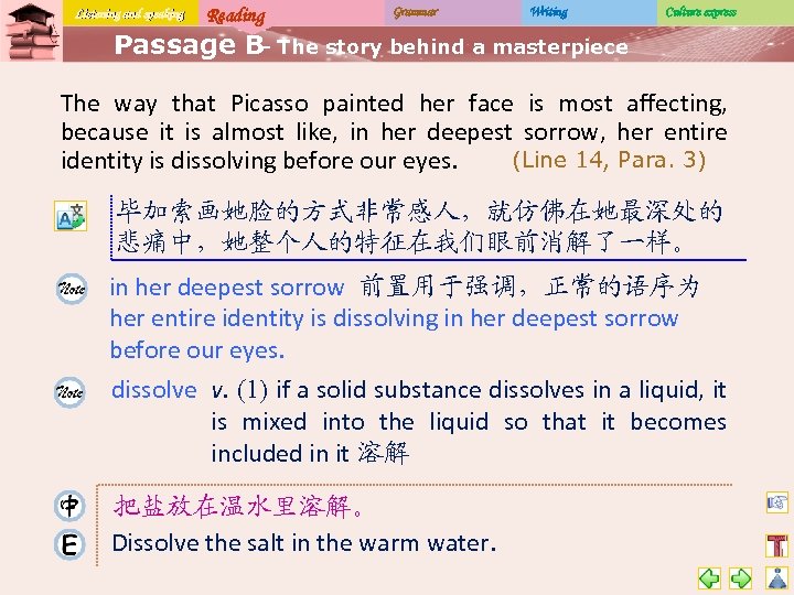 Listening and speaking Reading Grammar Writing Culture express Passage B The story behind a