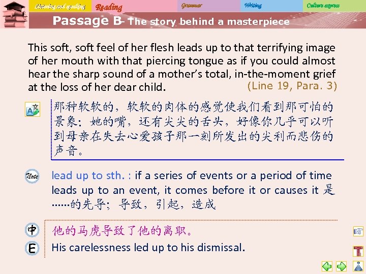 Listening and speaking Reading Grammar Writing Culture express Passage B The story behind a