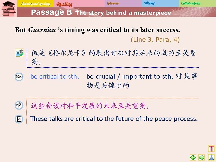 Listening and speaking Reading Grammar Writing Culture express Passage B The story behind a