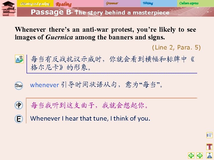 Listening and speaking Reading Grammar Writing Culture express Passage B The story behind a