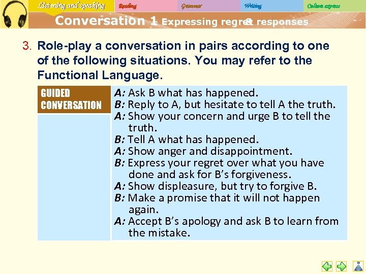 Listening and speaking Reading Grammar Writing Culture express Conversation 1 Expressing regret responses –