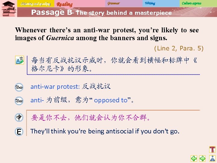 Listening and speaking Reading Grammar Writing Culture express Passage B The story behind a