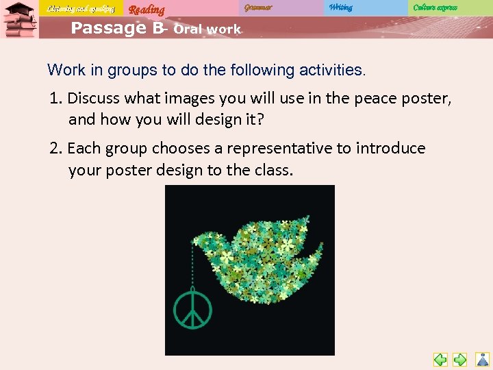 Listening and speaking Reading Grammar Writing Culture express Passage B Oral work – Work