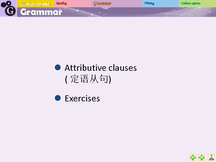 Listening and speaking Reading Grammar l Attributive clauses ( 定语从句) l Exercises Writing Culture