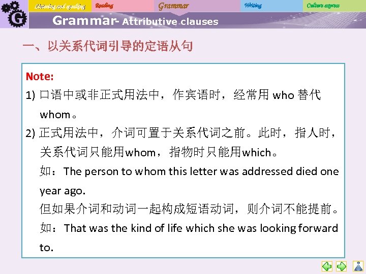 Listening and speaking Reading Grammar Writing Culture express Grammar- Attributive clauses 一、以关系代词引导的定语从句 Note: 1)