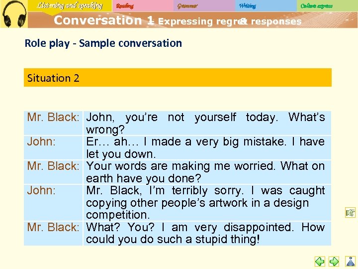 Listening and speaking Reading Grammar Writing Culture express Conversation 1 Expressing regret responses –