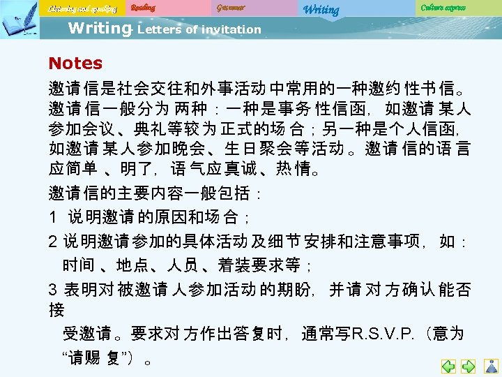 Listening and speaking Reading Grammar Writing Culture express Writing Letters of invitation - Notes