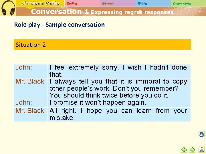 Listening and speaking Reading Grammar Writing Culture express Conversation 1 Expressing regret responses –