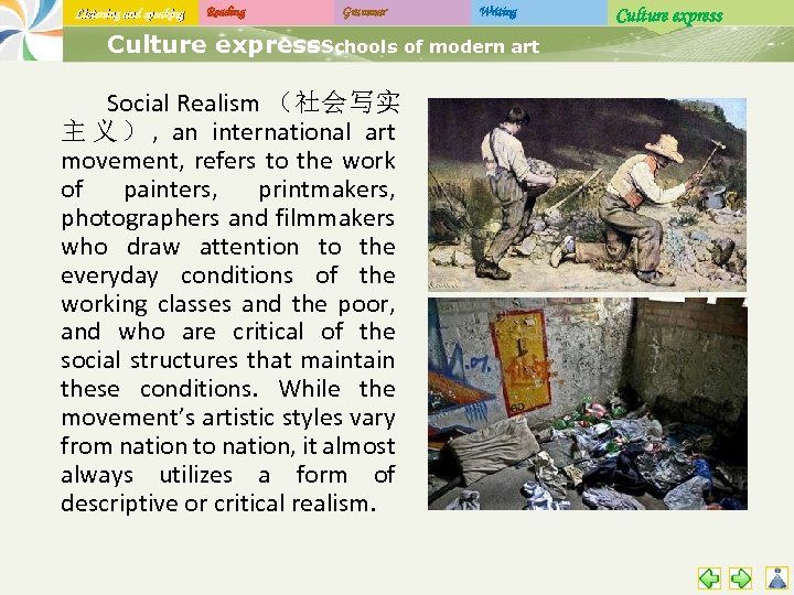 Listening and speaking Reading Grammar Writing Culture express. Schools of modern art - Social
