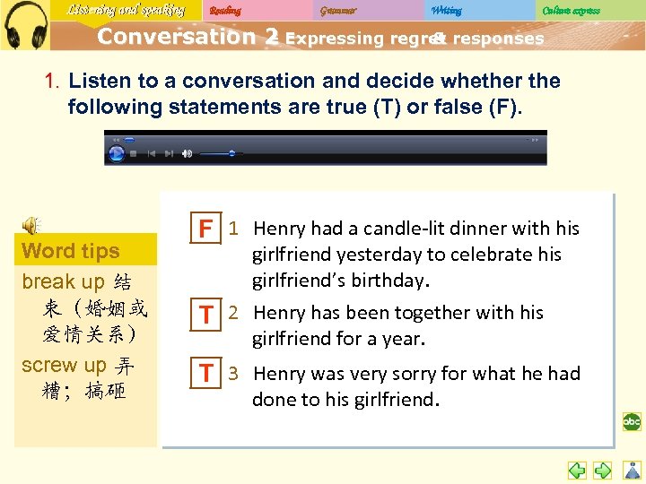 Listening and speaking Reading Grammar Writing Culture express Conversation 2 Expressing regret responses –