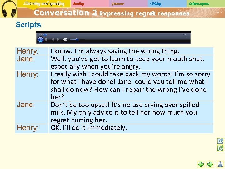 Listening and speaking Reading Grammar Writing Culture express Conversation 2 Expressing regret responses –