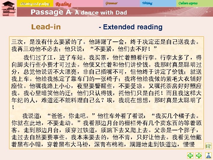 Listening and speaking Reading Grammar Writing Culture express Passage A A dance with Dad