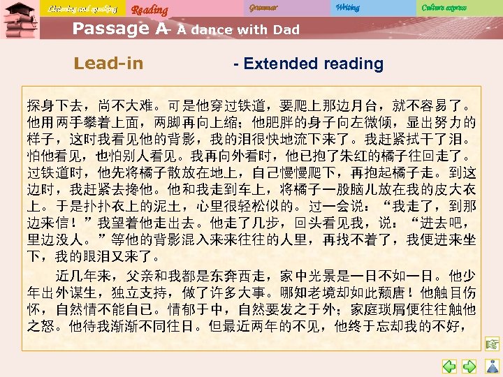 Listening and speaking Reading Grammar Writing Culture express Passage A A dance with Dad