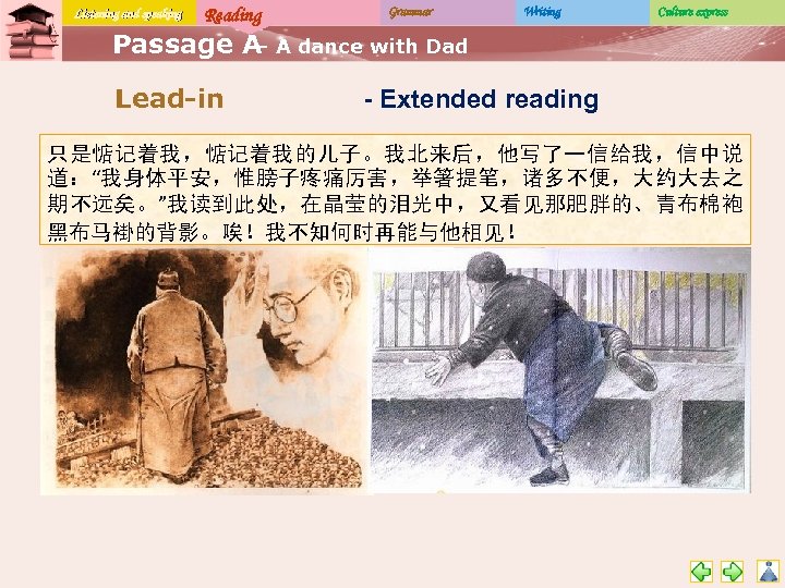Listening and speaking Reading Grammar Writing Culture express Passage A A dance with Dad