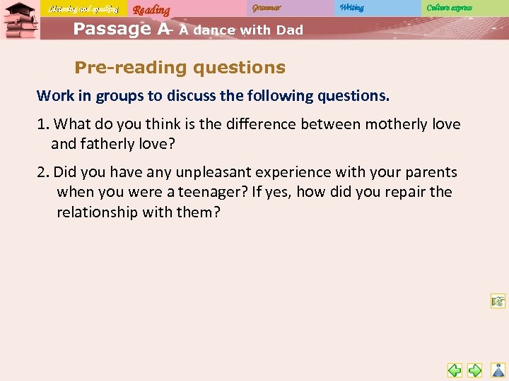 Listening and speaking Reading Grammar Writing Culture express Passage A A dance with Dad