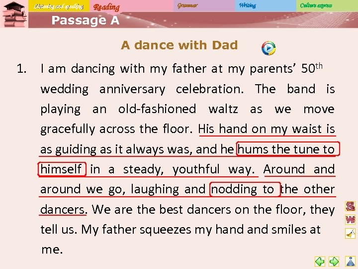 Listening and speaking Reading Grammar Writing Culture express Passage A A dance with Dad