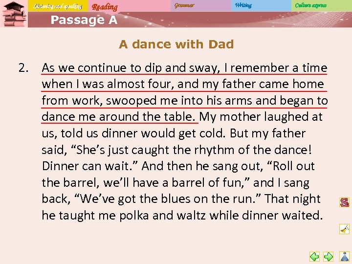 Listening and speaking Reading Grammar Writing Culture express Passage A A dance with Dad