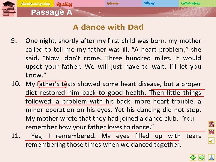 Listening and speaking Reading Grammar Writing Culture express Passage A A dance with Dad