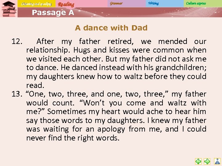 Listening and speaking Reading Grammar Writing Culture express Passage A A dance with Dad