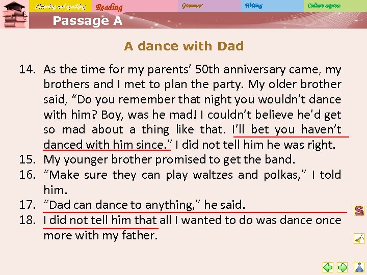 Listening and speaking Reading Grammar Writing Culture express Passage A A dance with Dad