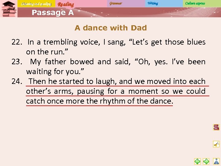 Listening and speaking Reading Grammar Writing Culture express Passage A A dance with Dad