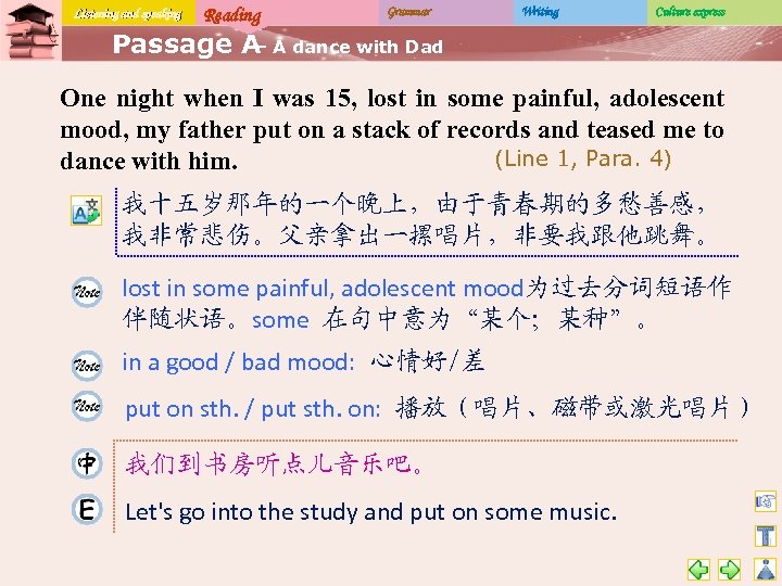 Listening and speaking Reading Grammar Writing Culture express Passage A A dance with Dad