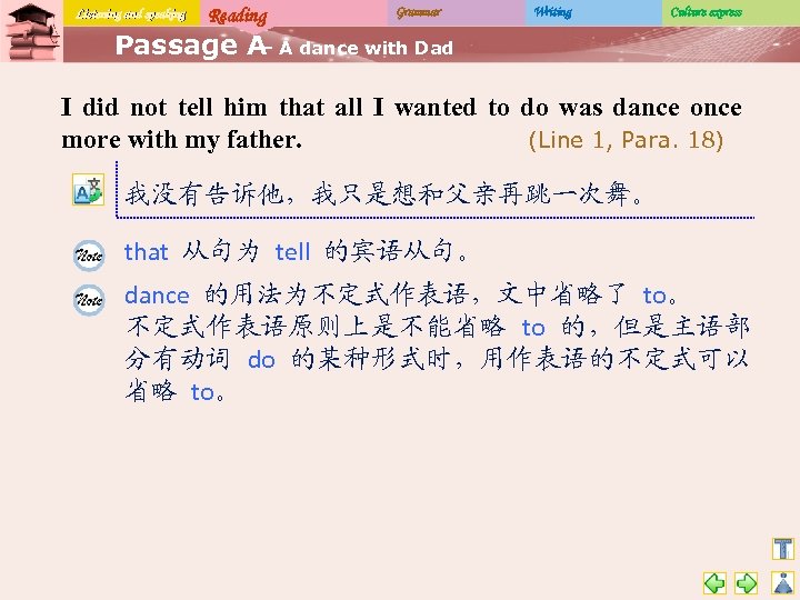 Listening and speaking Reading Grammar Writing Culture express Passage A A dance with Dad