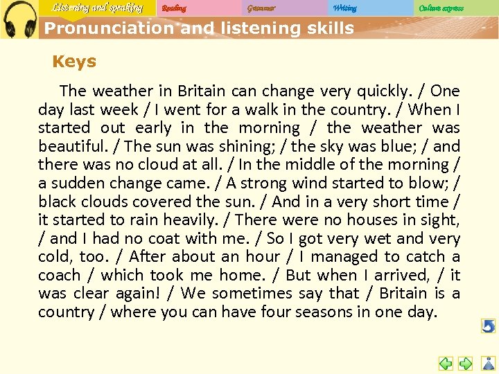 Listening and speaking Reading Grammar Writing Culture express Pronunciation and listening skills Keys The