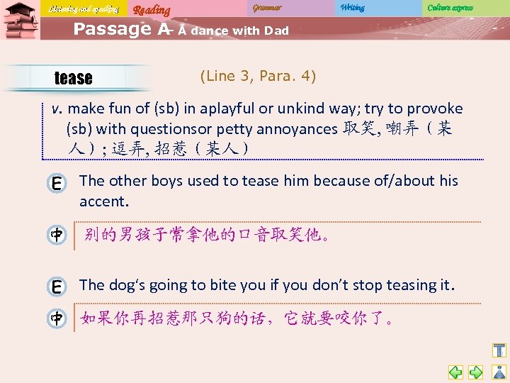 Listening and speaking Reading Grammar Writing Culture express Passage A A dance with Dad