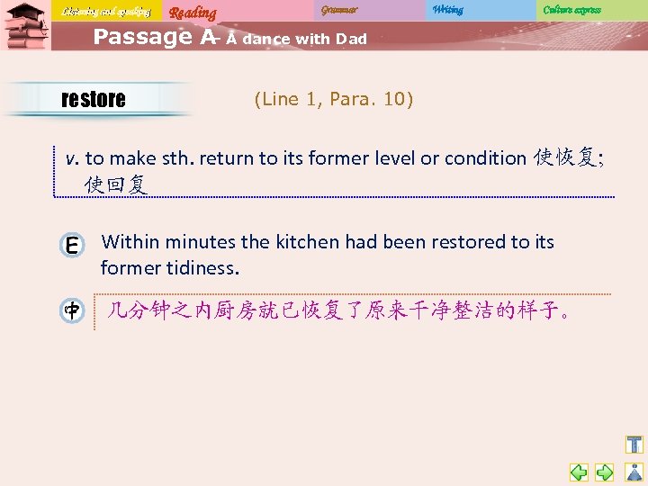 Listening and speaking Reading Grammar Writing Culture express Passage A A dance with Dad