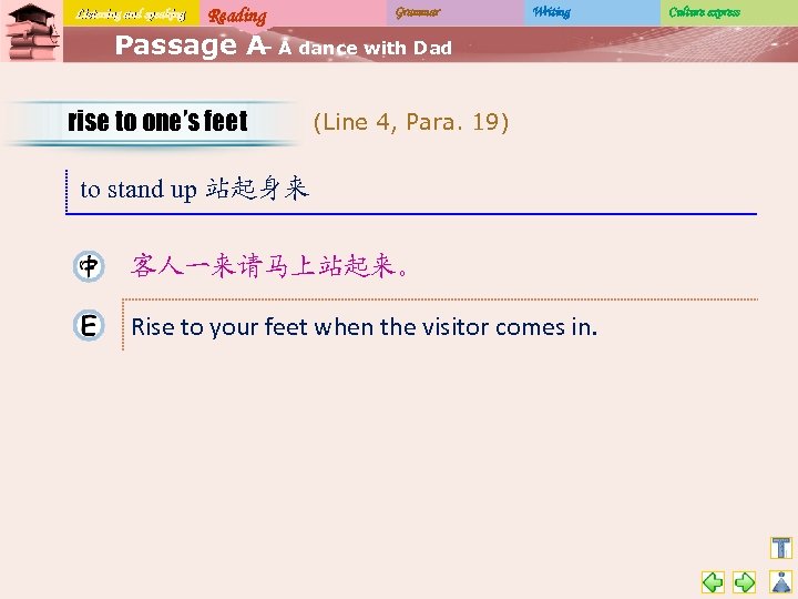 Listening and speaking Reading Grammar Writing Passage A A dance with Dad – rise