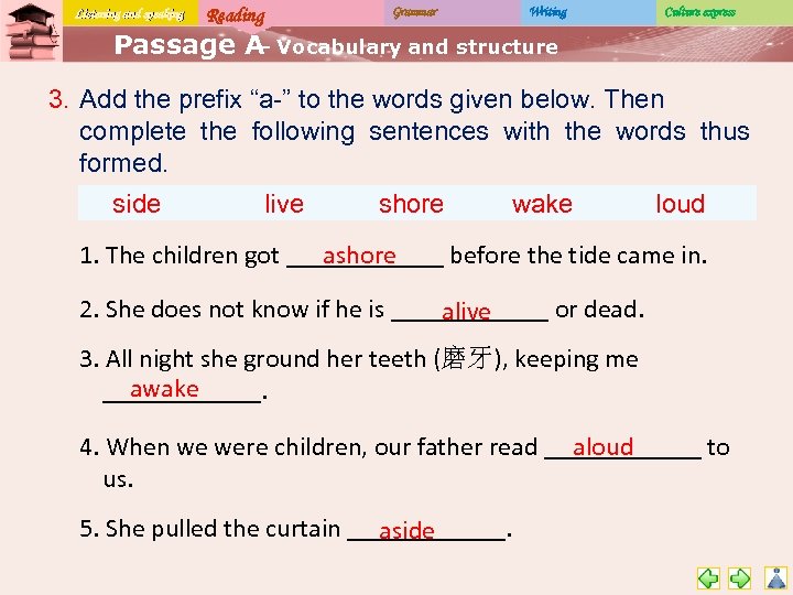 Listening and speaking Reading Grammar Writing Culture express Passage A Vocabulary and structure –