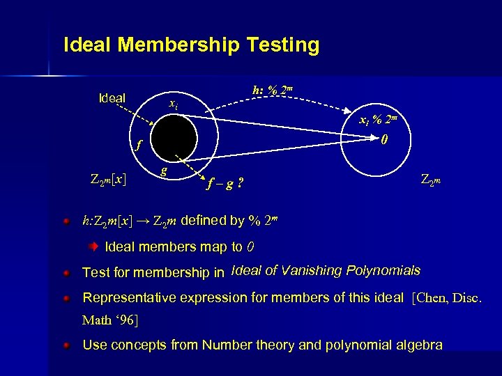 Ideal Membership Testing Ideal h: % 2 m xi xi % 2 m 0
