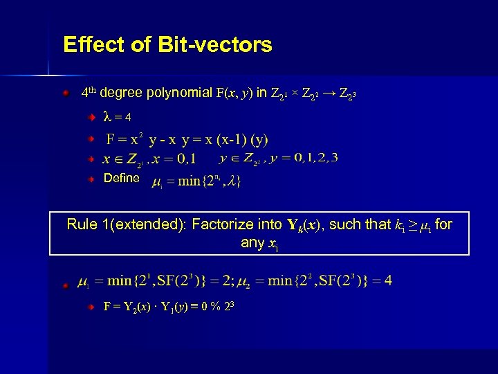 Effect of Bit-vectors 4 th degree polynomial F(x, y) in Z 21 × Z