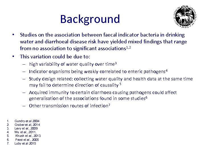 Background • Studies on the association between faecal indicator bacteria in drinking water and