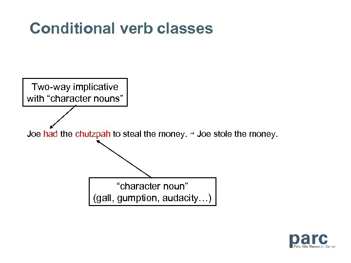 Conditional verb classes Two-way implicative with “character nouns” Joe had the chutzpah to steal