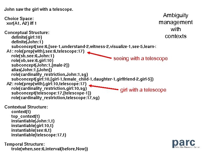 Ambiguity management with contexts seeing with a telescope girl with a telescope 