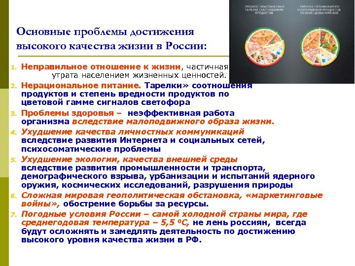 Основные проблемы достижения высокого качества жизни в России: 1. 2. 3. 4. 5. 6.