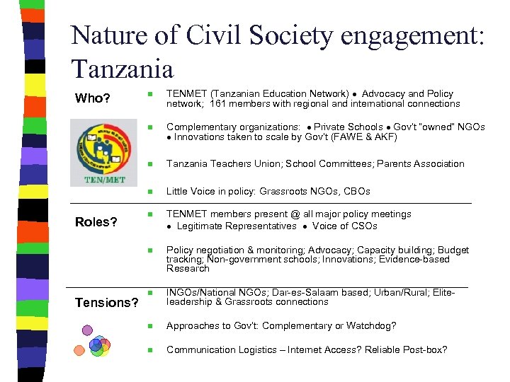 Nature of Civil Society engagement: Tanzania Complementary organizations: Private Schools Gov’t “owned” NGOs Innovations