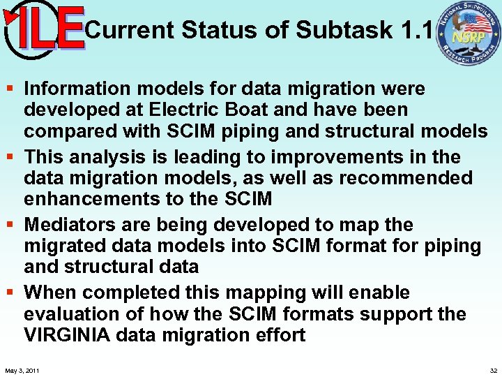Current Status of Subtask 1. 1 § Information models for data migration were developed