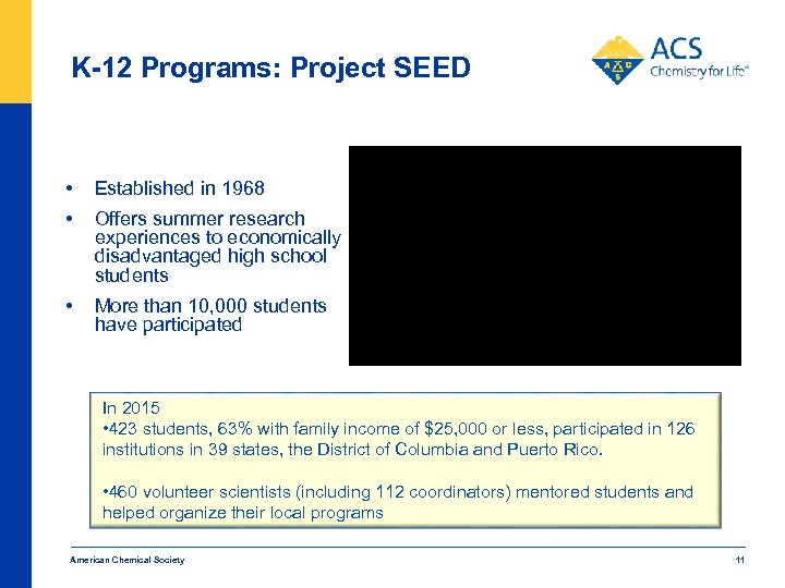 K-12 Programs: Project SEED • Established in 1968 • Offers summer research experiences to