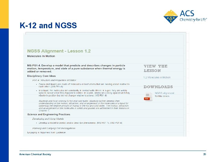 K-12 and NGSS American Chemical Society 20 